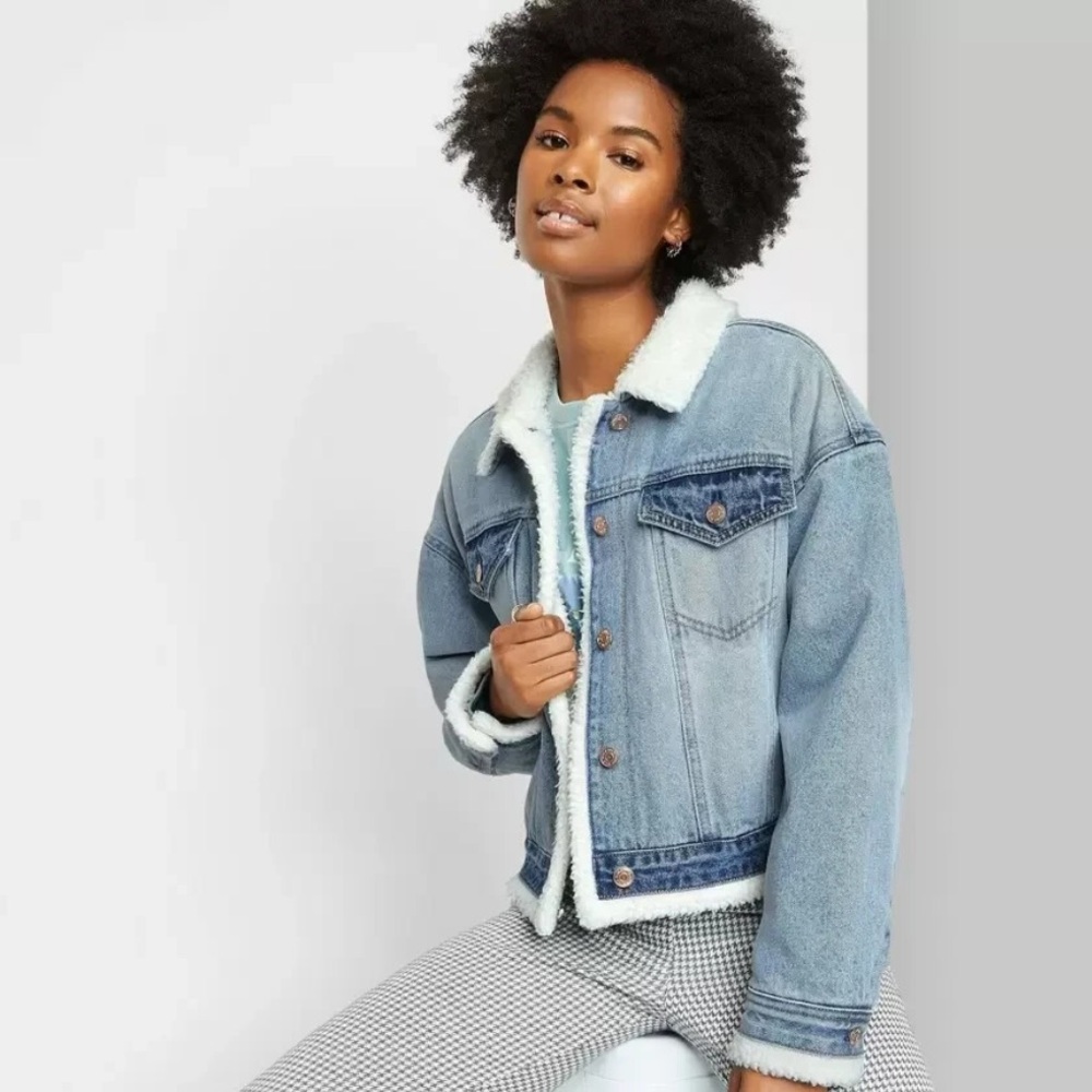WILD FABLE CROP BLUE DENIM BUTTON UP JEAN JACKET w/ SHERPA LINING VARIOUS SIZES